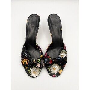 Gucci Black Satin Kitten Heels w/ Colorful Floral Pattern & Bow Y2K Sz EU 37.5